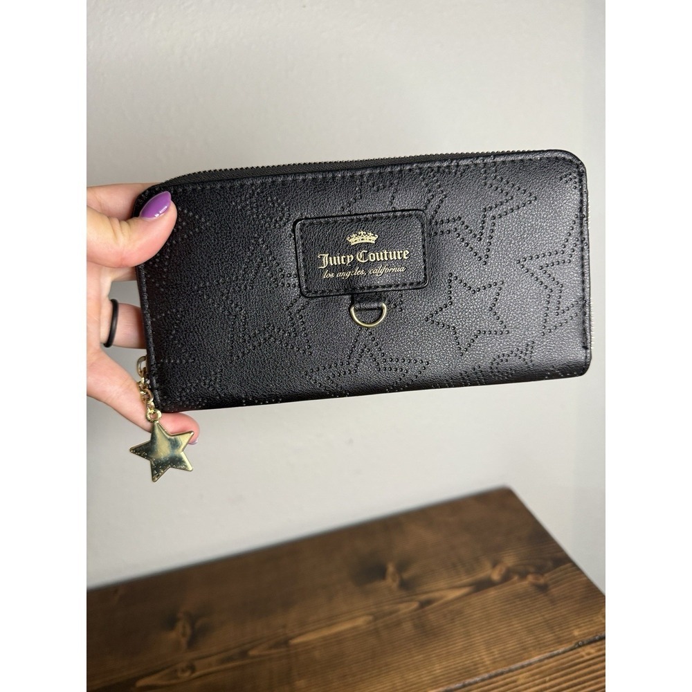 Juicy Couture black ever after zip‎ around wallet stars 8" x 4"